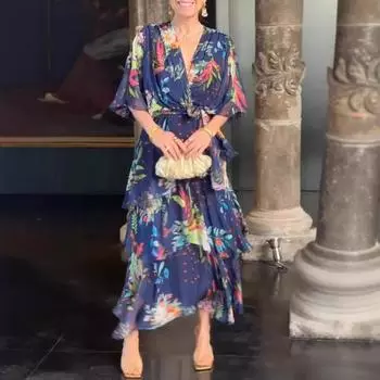 Женское платье с многослойным подолом, шнуровкой, тонкой талией, цветным принтом, макси-платье со средним рукавом M темно-синий