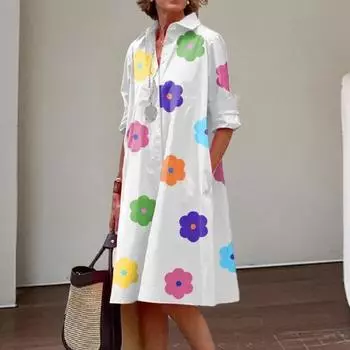 Женское платье с мультяшным цветочным принтом и лацканами, однобортное платье миди со свободными карманами длиной до колена, осень-весна 2XL Flower