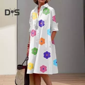 Женское платье с мультяшным цветочным принтом, однобортное, со свободными карманами, длиной до колена, платье-миди на осень-весну 2XL Flower