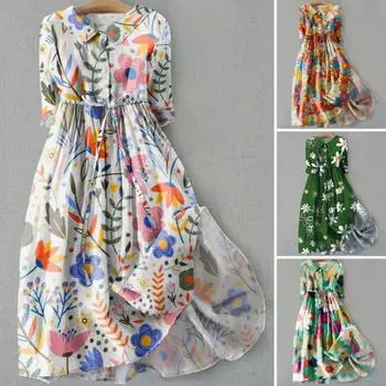 Женское платье с мультяшными рукавами в богемном стиле на шнуровке с отложным воротником плиссированный пояс с цветочным принтом Средний стиль Половина M