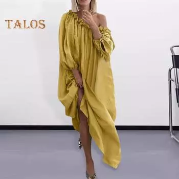 Женское платье с наклонным вырезом и длинными рукавами-фонариками, свободное однотонное плиссированное длинное платье макси для отдыха, пляжный халат XL белый