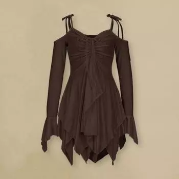 Женское платье с нерегулярным подолом на шнуровке с длинным рукавом, однотонное плиссированное платье с v-образным вырезом и открытыми плечами длиной до колена 2XL зелёный