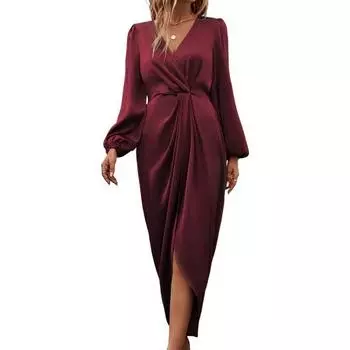 Женское платье с неровным разрезом по низу, высокая талия, плиссированное, длинные рукава-фонарики, сплошной цвет S вино красного