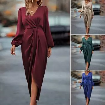 Женское платье с неровным разрезом по низу, высокой талией, плиссированные длинные рукава-фонарики, однотонный цвет S вино красного