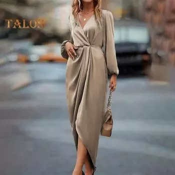 Женское платье с неровным разрезом по низу, высокой талией, плиссировкой, длинными рукавами-фонариками, однотонное платье с V-образным вырезом, для торжественной вечеринки, банкета, макси-платье S вино красного