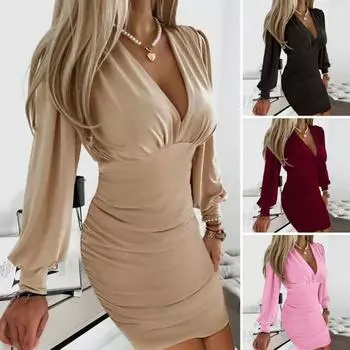 Женское платье с низким вырезом, глубоким вырезом, длинным V-образным вырезом, плиссированными рукавами, облегающим, плотным, с плотной талией, мягкий чистый цвет S чёрный