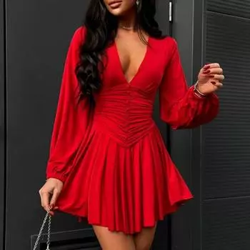 Женское платье с низким вырезом, глубоким V-образным вырезом, длинными рукавами-фонариками, сплошной цвет, узкая талия, плиссированное трапециевидное платье, большие качели, женское мини-платье весна-лето L красный