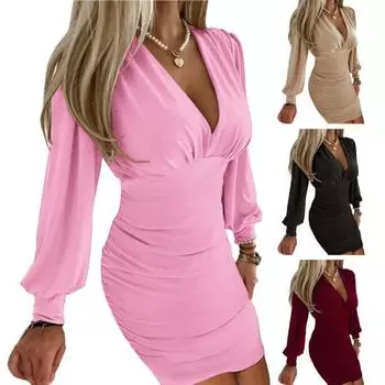 Женское платье с низким вырезом, глубоким вырезом, длинным V-образным вырезом, плиссированными рукавами, облегающим, плотным, с плотной талией, мягкий чистый цвет S чёрный