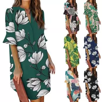 Женское платье с объемными рукавами и гавайским принтом, V-образным вырезом и принтом XXL чёрный