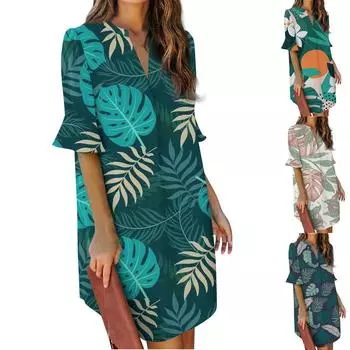 Женское платье с объемными рукавами и гавайским принтом, V-образным вырезом и принтом M тёмно-синий