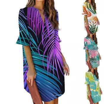 Женское платье с объемными рукавами и гавайским принтом, V-образным вырезом и принтом L