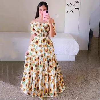 Женское платье с одним словом на плече, цветочная юбка с открытыми плечами, длинная, с принтом «Фея» S