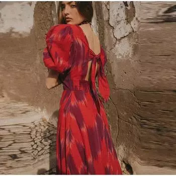 Женское платье с рукавами-фонариками, свободное, в стиле ретро, длинное, сексуальное, со шнуровкой, с открытой спиной, модное, праздничное, пляжное, летнее платье S красный