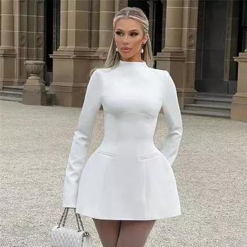 Женское платье с открытой спиной и круглым вырезом, с длинными рукавами, однотонное, с завышенной талией, шикарные платья в стиле ретро, элегантное сладкое лето S белый