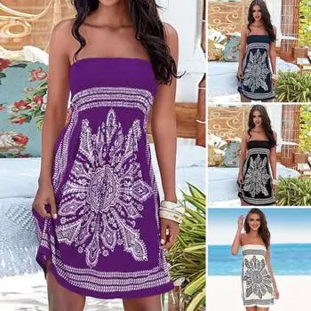 Женское платье с открытыми плечами, без рукавов, с открытой спиной, эластичный бюст, ретро-принт, соответствующий цвету, плиссированные длиной до колена S фиолетовый