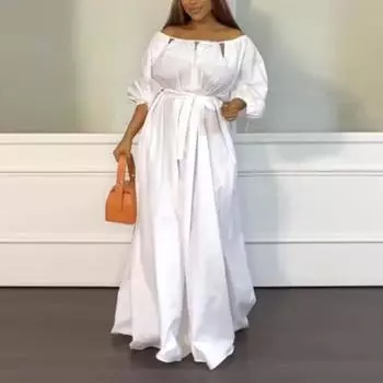 Женское платье с открытыми плечами и длинными рукавами, однотонное свободное плиссированное платье трапециевидной формы M оранжевый