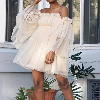 Женское платье с открытыми плечами и высокой талией, сетчатое многослойное гофрированное платье трапециевидной формы с длинными рукавами, однотонное мини-платье в стиле принцессы, короткое платье для выпускного вечера, пляжной вечеринки M светло-синий