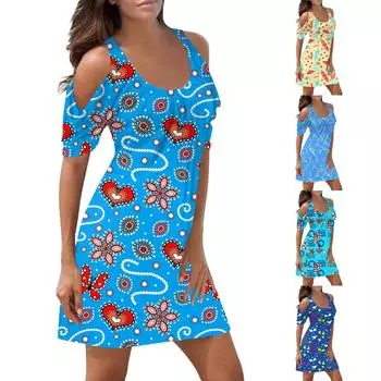 Женское платье с открытыми плечами и коротким рукавом, милая летняя пляжная юбка с океанским принтом для отдыха и отдыха XXL синий