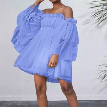 Женское платье с открытыми плечами и высокой талией, сетчатое многослойное гофрированное платье трапециевидной формы с длинными рукавами, однотонное мини-платье в стиле принцессы, короткое платье для выпускного вечера, пляжной вечеринки M светло-синий