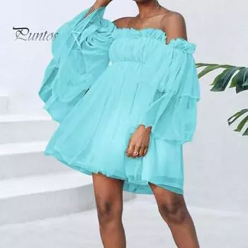 Женское платье с открытыми плечами и высокой талией, сетчатое многослойное гофрированное платье трапециевидной формы с длинными рукавами, однотонное мини-платье в стиле принцессы, короткое платье для выпускного вечера, пляжной вечеринки S синий
