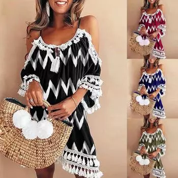 Женское платье с открытыми плечами и кисточками с принтом для коктейльных вечеринок и пляжных платьев S чёрный