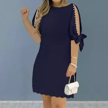 Женское платье с открытыми рукавами три четверти и круглым вырезом, сплошной цвет, мягкое дышащее свободное платье длиной до колена с декором из бисера, женское платье миди для поездок на работу S темно-синий