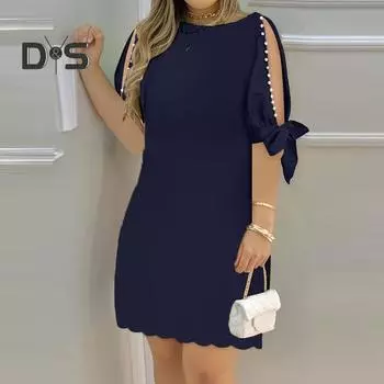 Женское платье с открытыми рукавами три четверти и круглым вырезом, сплошной цвет, мягкое дышащее свободное платье длиной до колена с декором из бисера, женское платье миди для поездок на работу L темно-синий