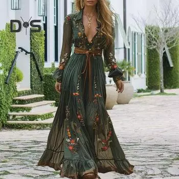Женское платье с отложным воротником, цветочным принтом, плиссированное А-силуэтом, оборками, лоскутным шитьем, рукавами три четверти, макси-платье, весна-осень, вечернее платье для свиданий S зелёный