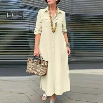 Женское платье с отложным воротником, свободное, однотонное, с длинным рукавом, однобортное, А-силуэт, нагрудный карман, мягкое, дышащее, длиной до щиколотки, весенне-осеннее макси-платье 3XL темно-синий