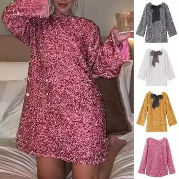 Женское платье с пайетками, большой бант, длинные рукава, А-силуэт, свободный пуловер, длина до колена, коктейльное вечернее мини-платье для клуба L розовый