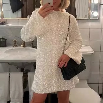 Женское платье с пайетками, большой бант, длинные рукава, А-силуэт, свободный пуловер, длина до колена, коктейльное вечернее мини-платье для клуба M белый