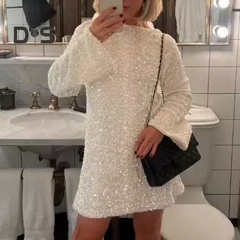 Женское платье с пайетками, большой бант, длинные рукава, А-силуэт, свободный пуловер, длина до колена, коктейльное вечернее мини-платье для клуба L золотистый