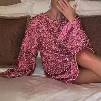 Женское платье с пайетками, большой бант, длинные рукава, А-силуэт, свободный пуловер длиной до колена S белый