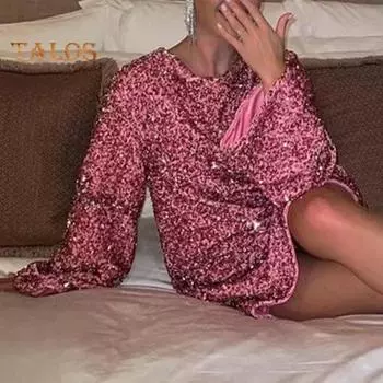 Женское платье с пайетками, большой бант, длинные рукава, А-силуэт, свободный пуловер, длина до колена, коктейльное вечернее мини-платье для клуба S розовый