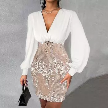 Женское платье с пайетками, глубоким v-образным вырезом, лоскутное платье с длинными рукавами и высокой талией, облегающее мини-платье в тон, соответствующего цвета, для клубных вечеринок S шампанского