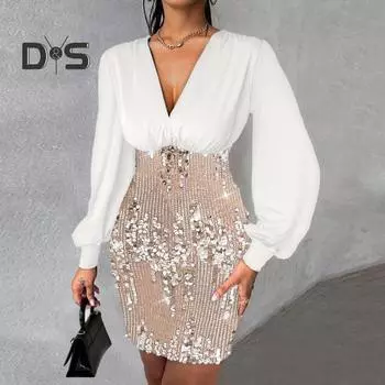 Женское платье с пайетками, глубоким v-образным вырезом, лоскутное платье с длинными рукавами и высокой талией, облегающее мини-платье в тон, соответствующего цвета, для клубных вечеринок S шампанского