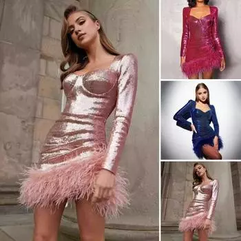 Женское платье с пайетками, глубоким вырезом, квадратным вырезом, длинными рукавами, декором из перьев, облегающим кроем, застежкой-молнией сзади, коктейльное вечернее мини-платье для клуба M шампанского
