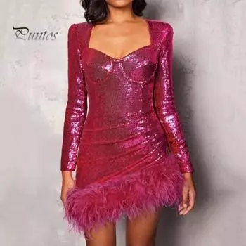 Женское платье с пайетками, глубоким вырезом, квадратным вырезом, длинными рукавами, декором из перьев, облегающим кроем, застежкой-молнией сзади, коктейльное вечернее мини-платье для клуба S синий