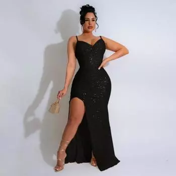 Женское платье с пайетками и бретелькой через шею, сексуальное вечернее платье S чёрный