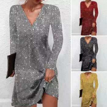 Женское платье с пайетками, V-образный вырез, свободные длинные рукава, однотонное вечернее платье, весеннее, выше колена, осеннее вечернее платье S