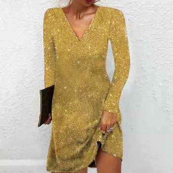 Женское платье с пайетками, V-образный вырез, свободные длинные рукава, однотонное вечернее платье, весеннее, выше колена, осеннее вечернее платье S серебряный серый