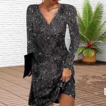 Женское платье с пайетками, V-образный вырез, свободные длинные рукава, однотонное вечернее платье S чёрный