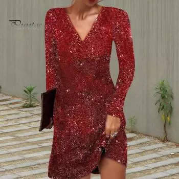 Женское платье с пайетками, V-образный вырез, свободные длинные рукава, однотонное вечернее платье, весеннее, выше колена, осеннее вечернее платье S красный