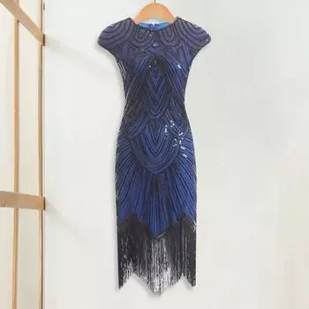 Женское платье с пайетками, винтажное вечернее платье для выпускного вечера без рукавов с круглым вырезом и застежкой-молнией сзади с бахромой M золотистый/чёрный