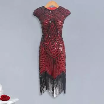 Женское платье с пайетками, винтажное вечернее платье для выпускного вечера без рукавов с круглым вырезом и застежкой-молнией сзади с бахромой по краю, облегающее женское платье M золотистый/чёрный