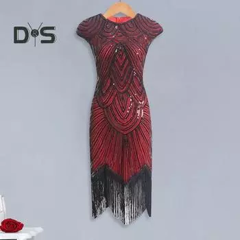 Женское платье с пайетками, винтажное вечернее платье для выпускного вечера без рукавов с круглым вырезом и застежкой-молнией сзади с бахромой по краю, облегающее женское платье M золотистый/чёрный