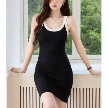 Женское платье с перекрестными бретелями, сексуальное короткое платье с жилетом на бедрах S чёрный