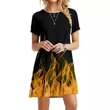Женское платье с пламенным принтом, летние платья с короткими рукавами, свободное повседневное женское платье большого размера, модная уличная одежда S
