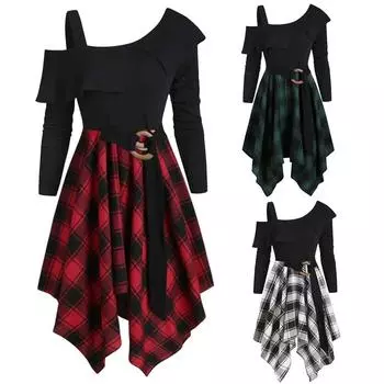 Женское платье с платком в клетку больших размеров с косым вырезом и поясом XXL белый