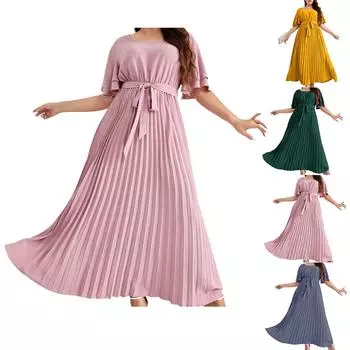 Женское платье с плиссировкой и поясом, с короткими рукавами и высокой талией, элегантное платье с воротником-стойкой и складками L синий